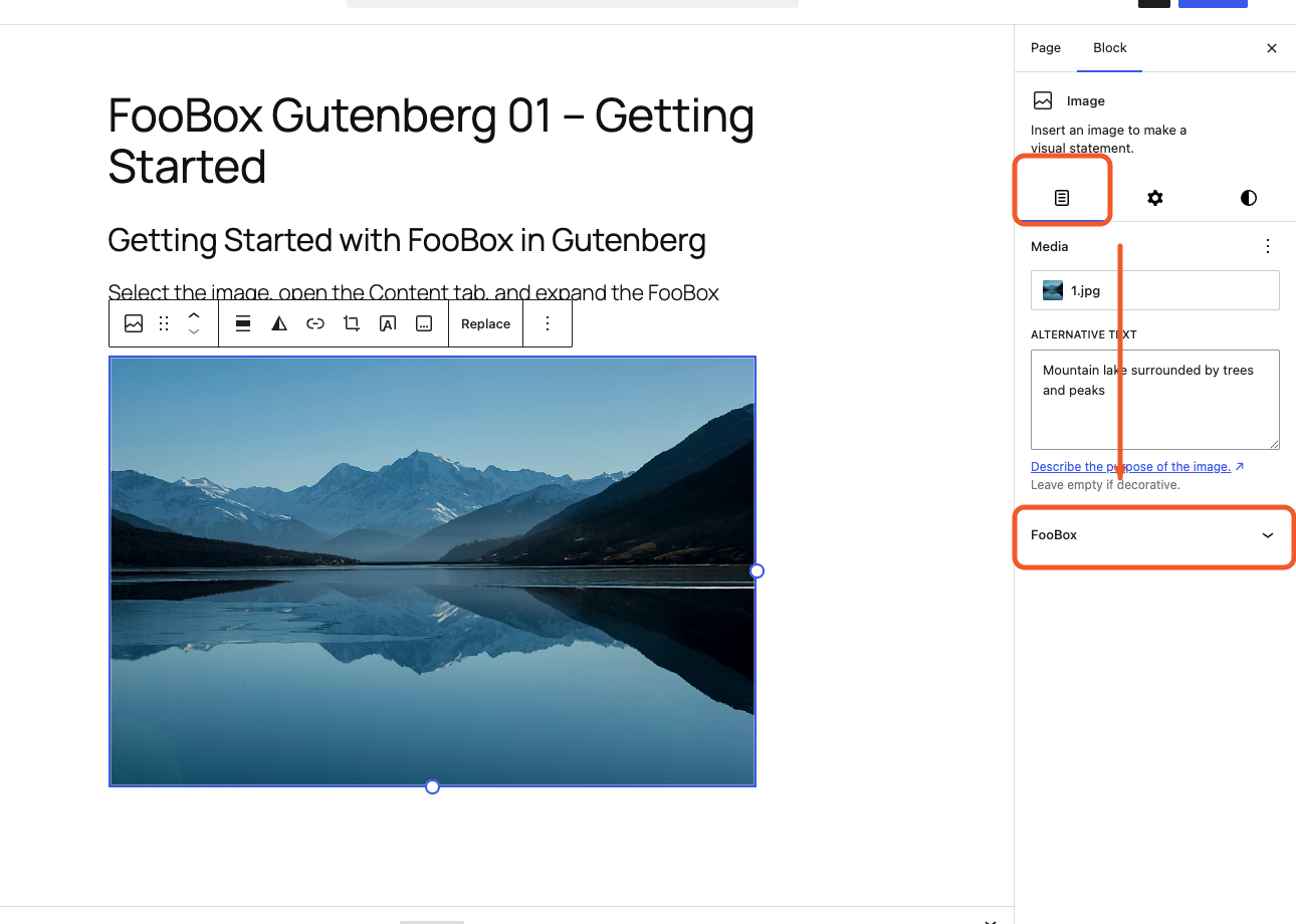 WordPress 7 Image block inspector with the Block and Content tabs and FooBox section