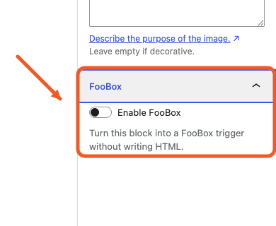 Enable FooBox switched on for an Image block