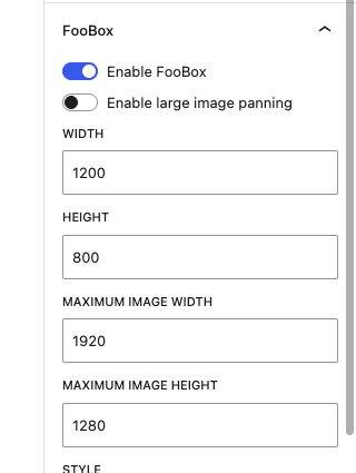 FooBox width, height, and maximum image dimension controls