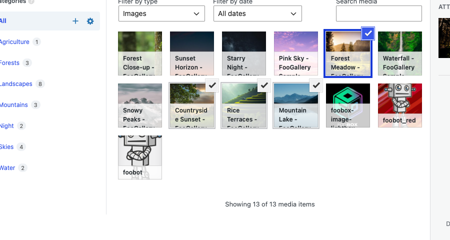 Media Library selection for a nature Gallery block