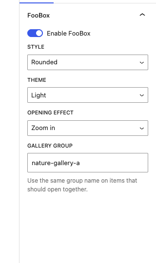 Outer Gallery FooBox style, theme, effect, and group settings