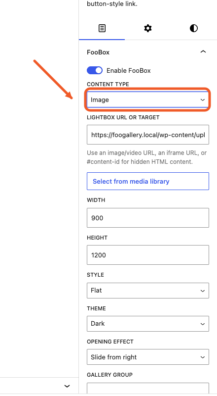 Button FooBox panel showing all available content types