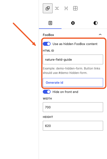 Hidden Group FooBox controls with an HTML ID and dimensions