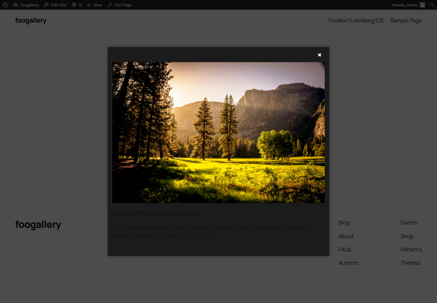A block-built field guide opened as hidden HTML content in FooBox