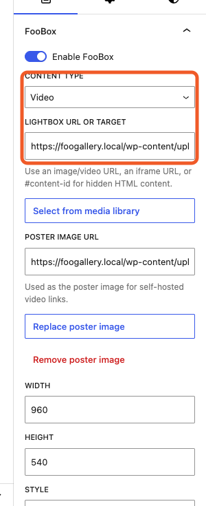 Button configured with the FooBox Pro Video content type