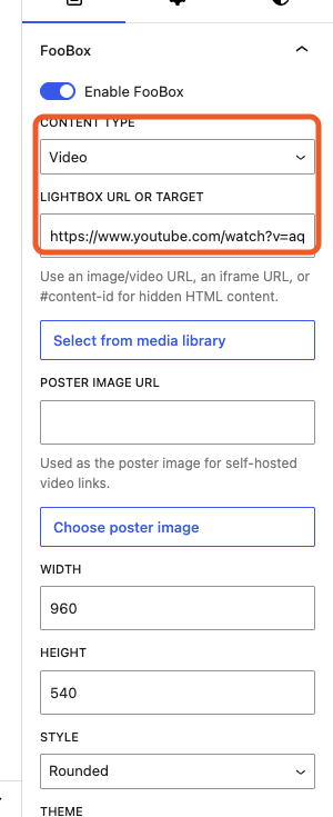 A YouTube URL configured with the Video handler, 16:9 dimensions, and a caption