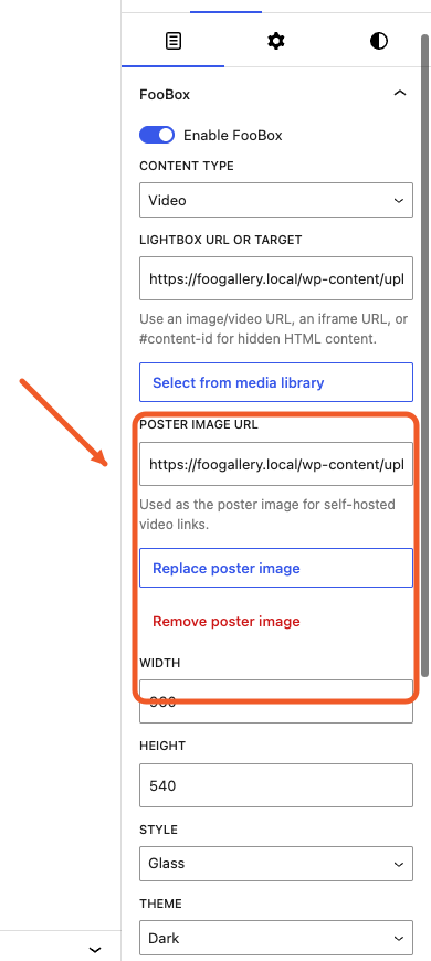 FooBox Pro poster image controls for a self-hosted video
