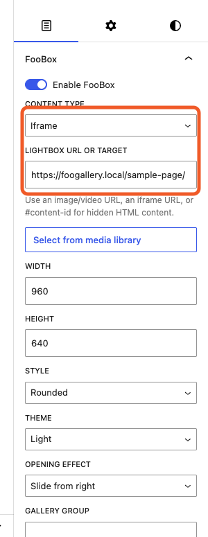 Button configured to open a URL with the Iframe content type
