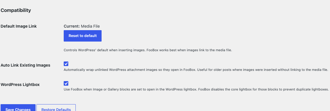 FooBox Compatibility settings including the WordPress Lightbox option