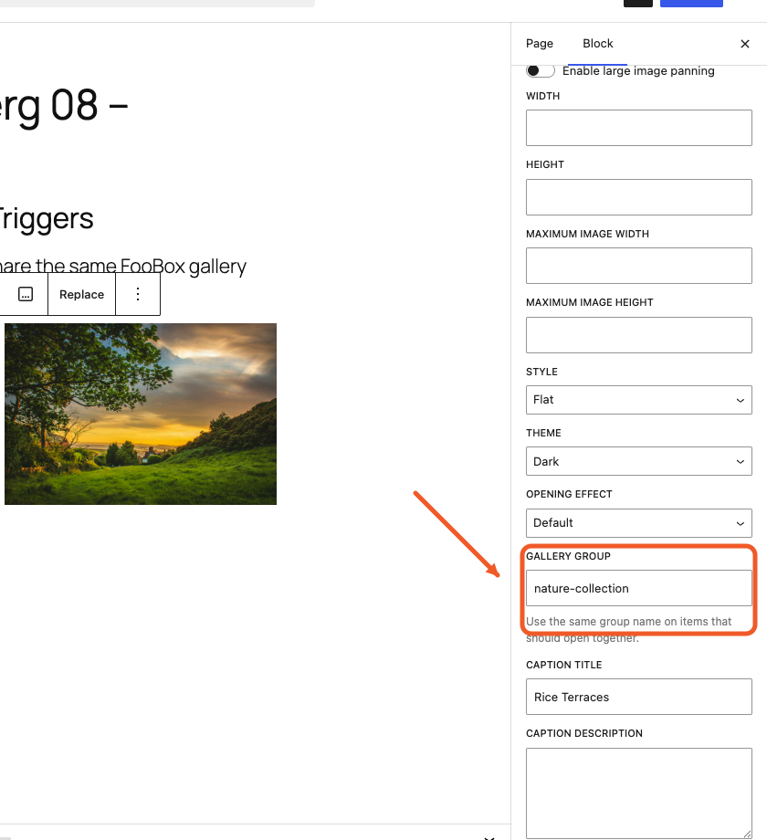 An Image block using the shared nature-collection Gallery group