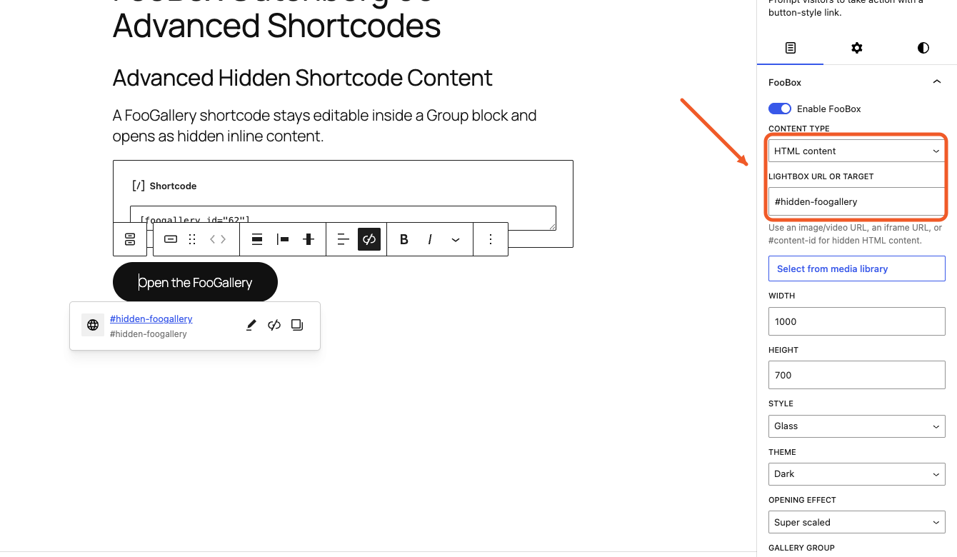 A Button targeting the hidden FooGallery Group with Pro HTML content