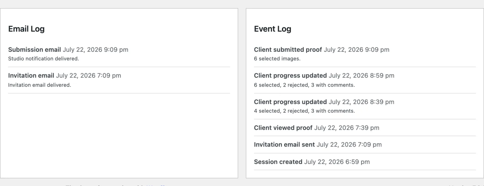 Client Proofing email log and event log for a submitted proof