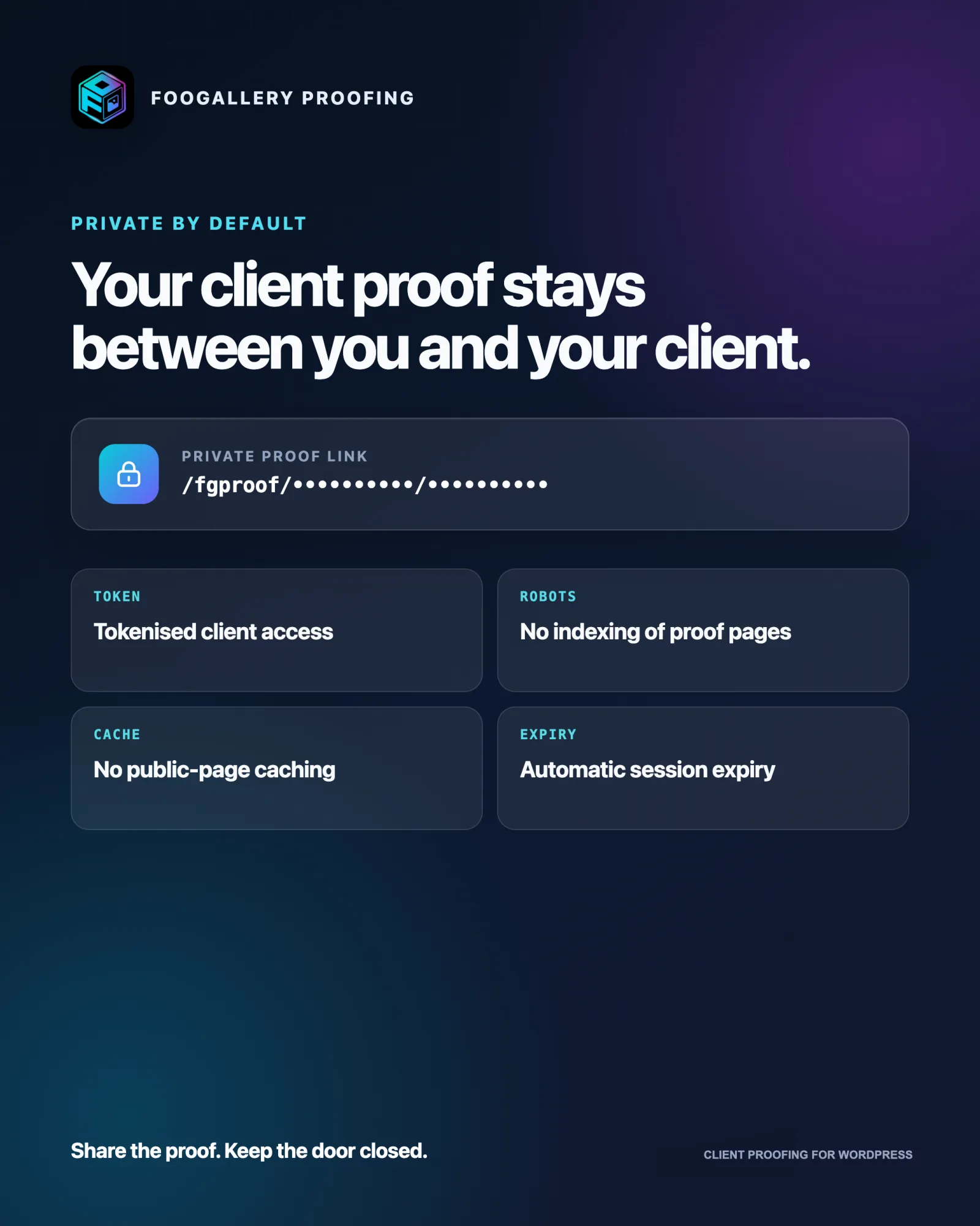 Client Proofing privacy summary showing tokenized access, no indexing, no public caching and automatic expiry