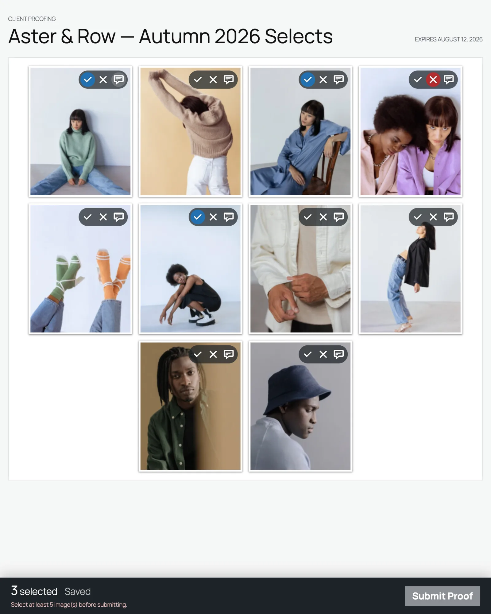 Client proof in progress with three selected images and a minimum selection message