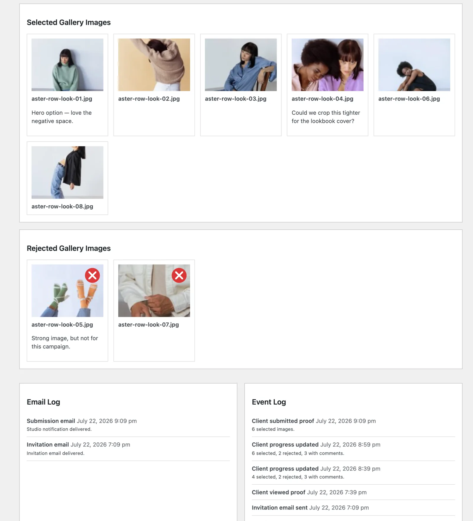 Selected and rejected gallery images with filenames and image-specific client notes