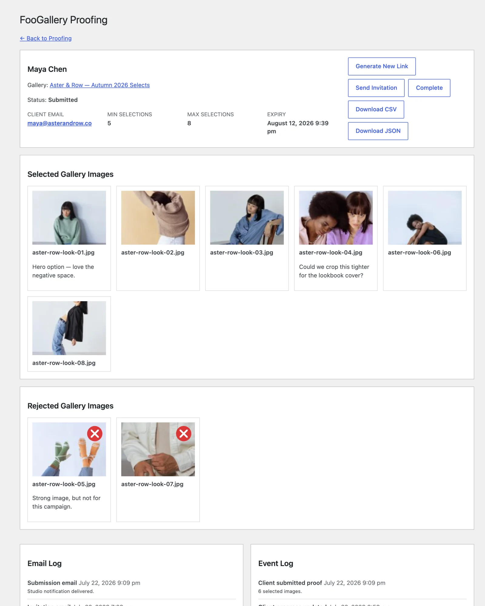 Client Proofing session overview with client details, export actions, selected images and rejected images
