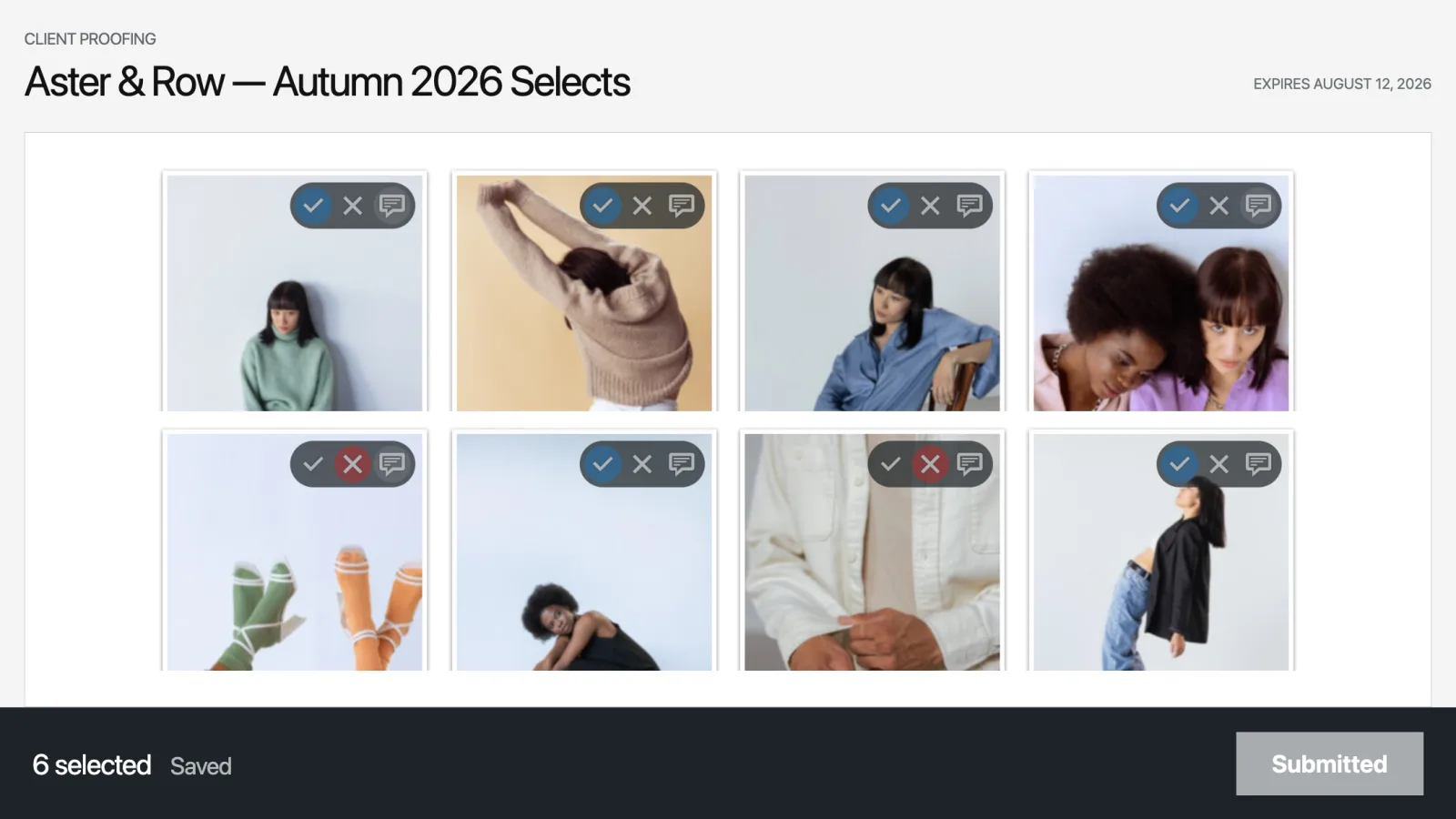 Submitted client proof showing selected and rejected fashion photographs