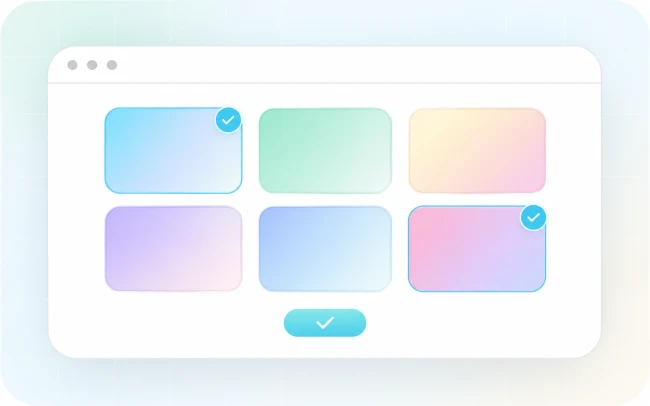 Pastel gallery thumbnails with checkmarks showing a client photo selection