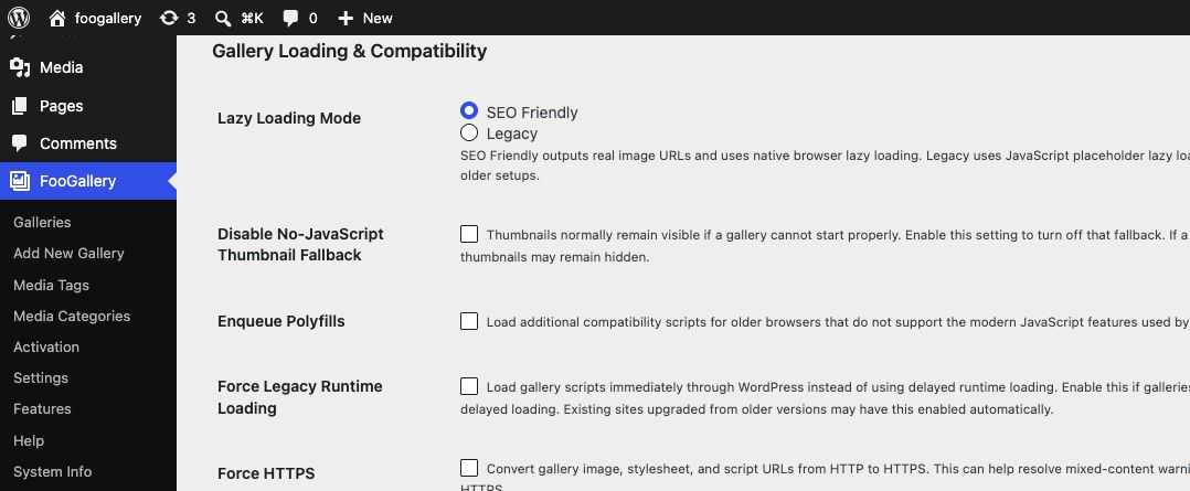 FooGallery Advanced Gallery Loading and Compatibility settings