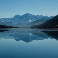 Snow-capped mountains reflected in a calm alpine lake Mountain lake reflecting snow-capped peaks under blue sky