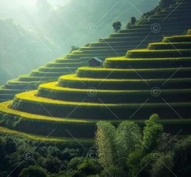 Green and golden rice terraces on hillside at sunset